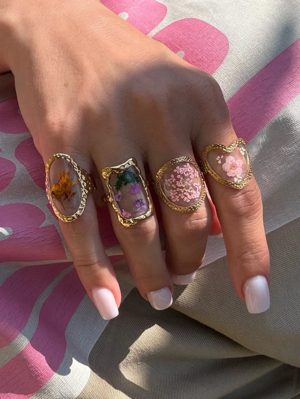 Adjustable Gold Pressed Flower Rings set of 4|Vintage Botanical Statement Jewery